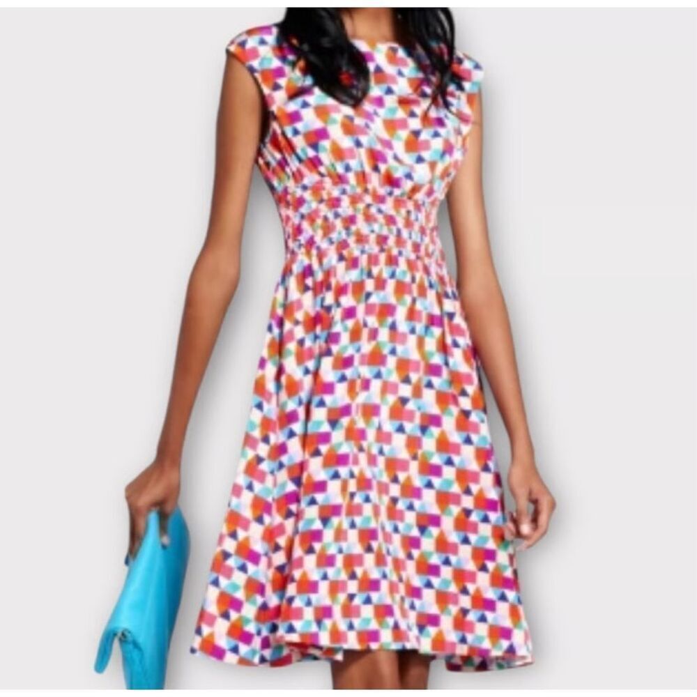 NWOT Kate Spade 100% Silk Abbey Sheath Geometric Fit & Flare Smocked Waist Dress